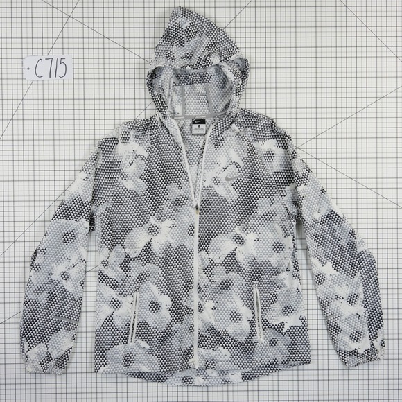 Nike Running Women's Size Large Grey Geometric Floral Hooded Windbreaker Jacket - Picture 7 of 7